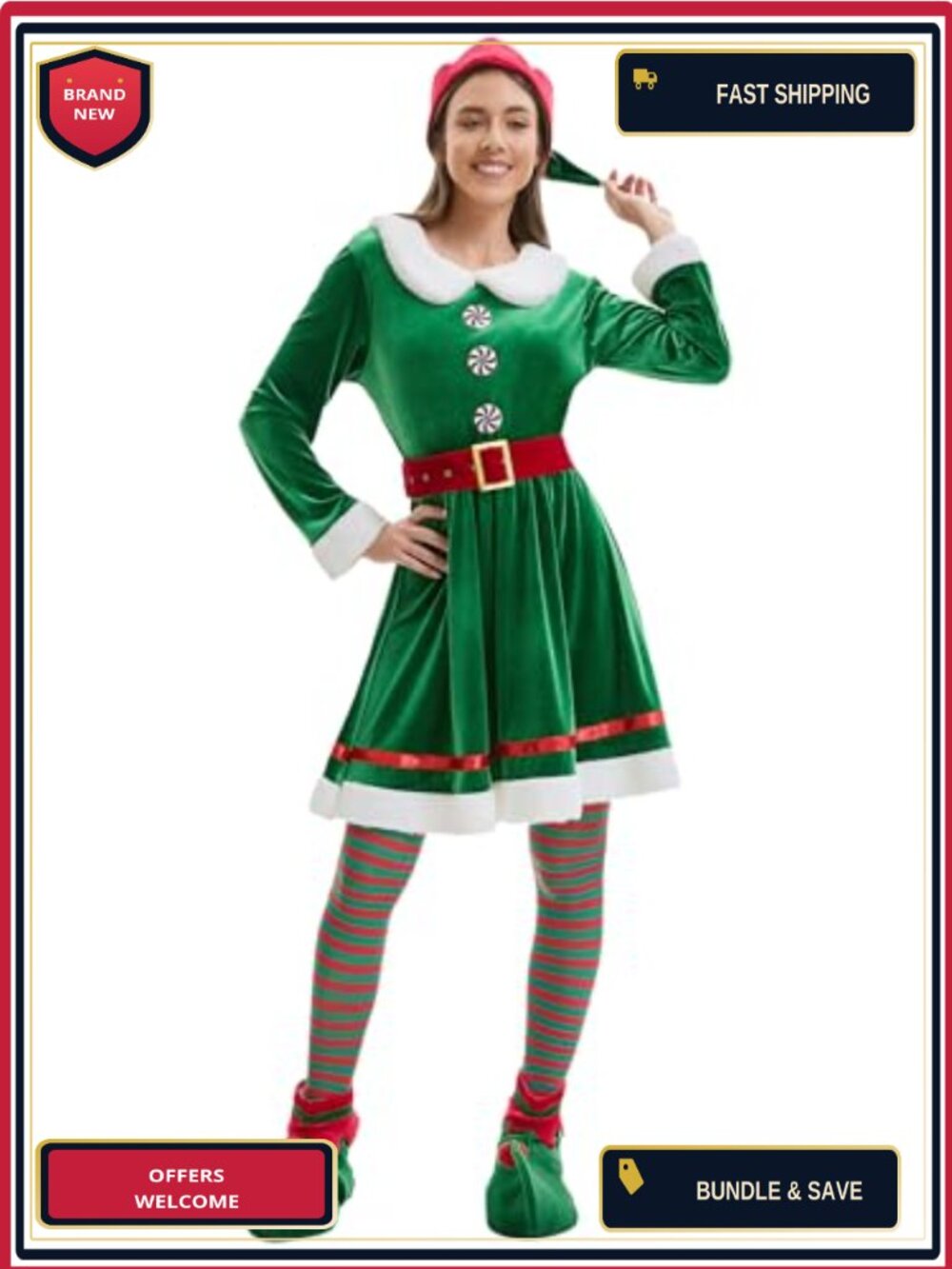 Women's Christmas Elf Costume 5 Piece Set Santa's Helper Dress Hat Belt Socks